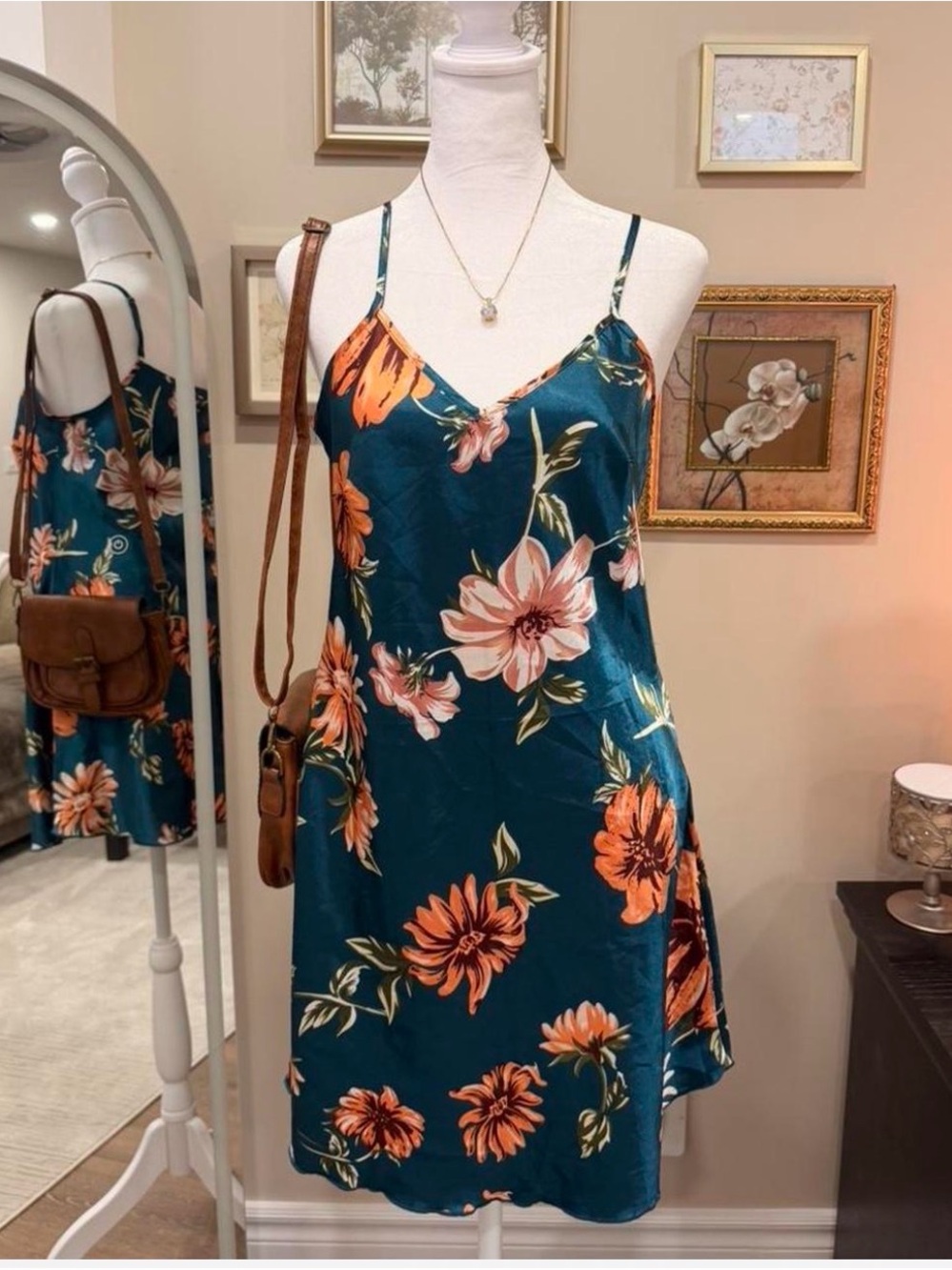 Avidlove Floral Slip Dress in Teal with Orange Bloom